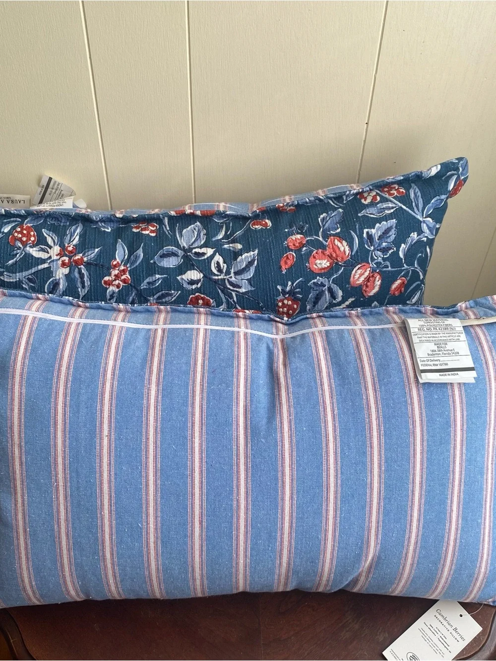 Laura Ashley Blue Floral Pillows with Red Accents